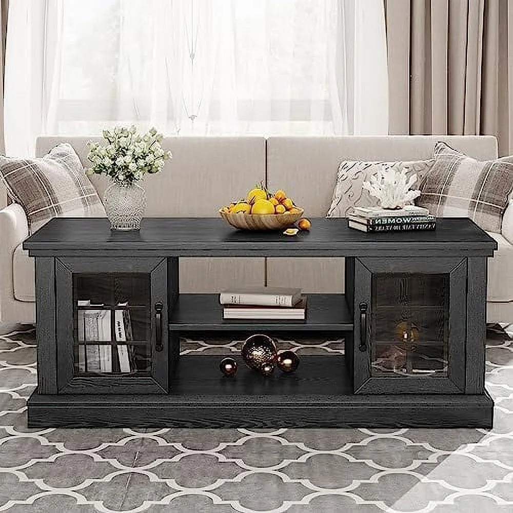 Farmhouse Coffee Table with Glass Door 47" Rustic 2 Shelves Black H468131