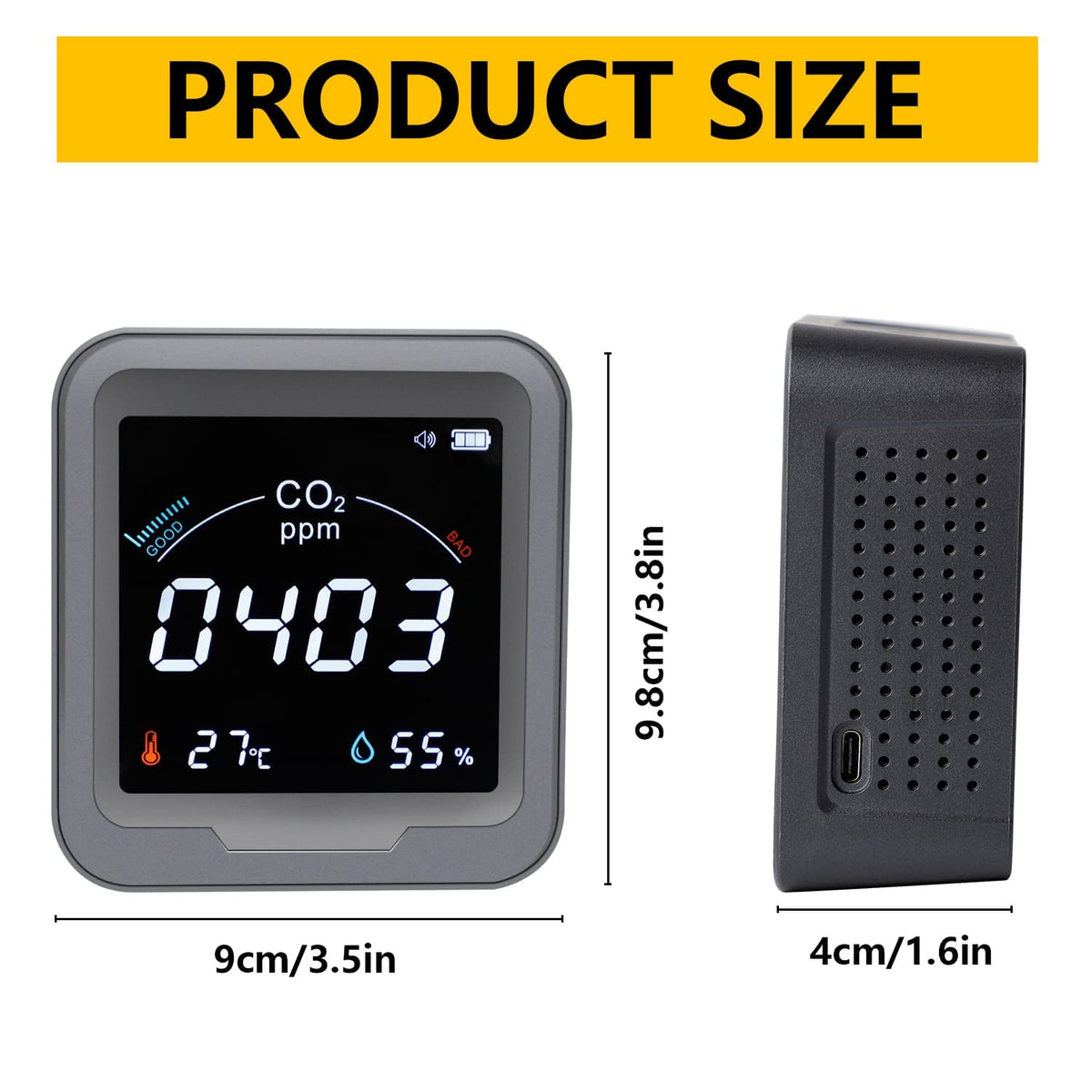 CO2 Monitor with Temperature and Relative Humidity, 400-5000ppm Range I19655