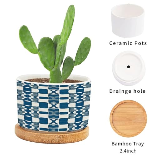 Blue and White Ceramic Planters with Drainage Holes and Saucers R150744