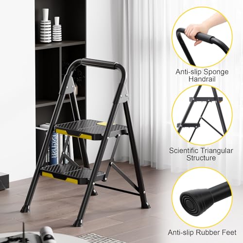4 Step Steel Step Stool with Handrail Black L6940