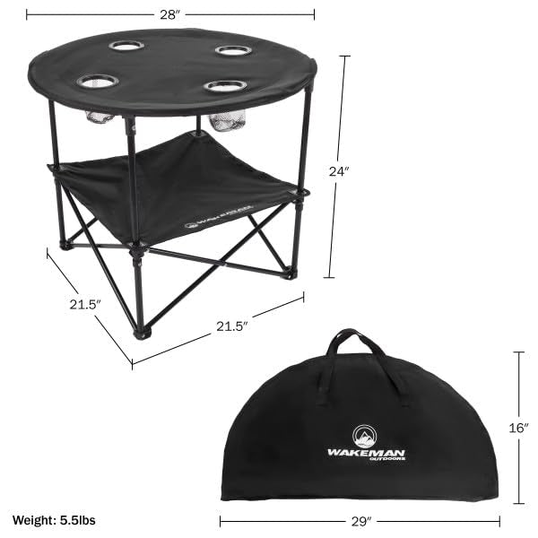 Round 2-Tier Folding Camp Table with 4 Cupholders and Carrying Bag M79204