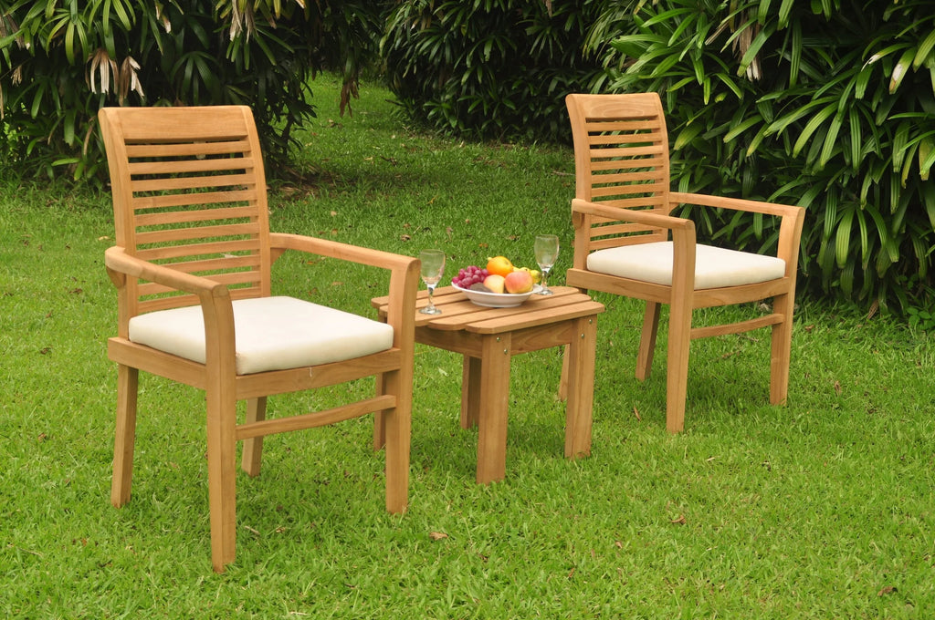 3 Pc Teak Dining Set with Side Table and 2 Stacking Arm Chairs W9128