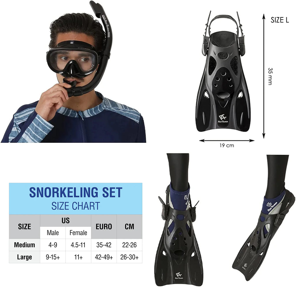 Snorkel and Fin Set with Travel Bag, Black, Medium A1078