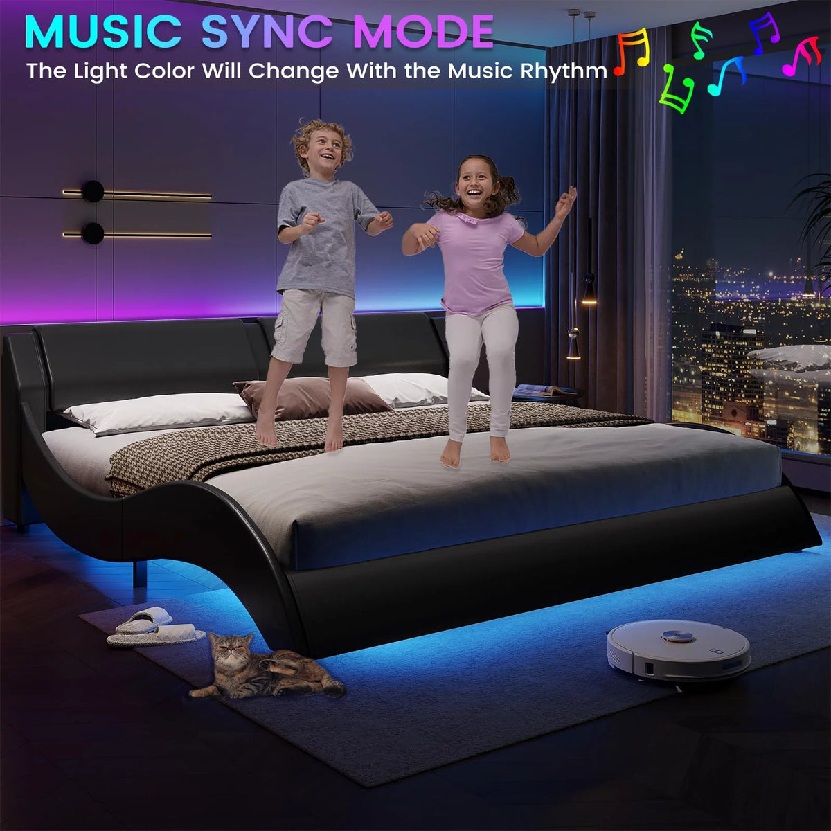 King Size Faux Leather Platform Bed Frame with Headboard and LED Lights G888893