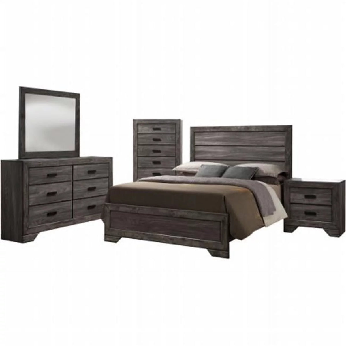 King Bed Dresser Mirror Chest Nightstand Grey Oak Lacquer Finish U4704