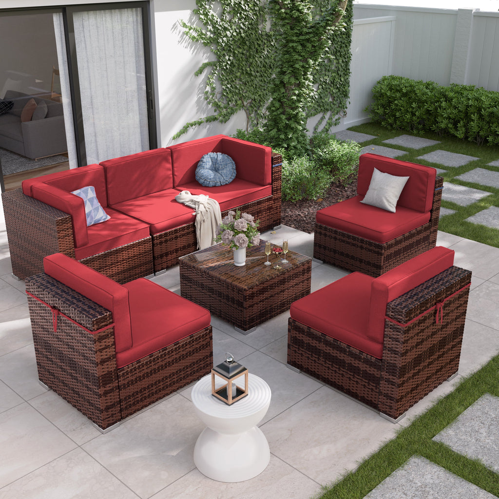 7 Pieces PE Rattan Wicker Patio Furniture Set with Glass Table N859