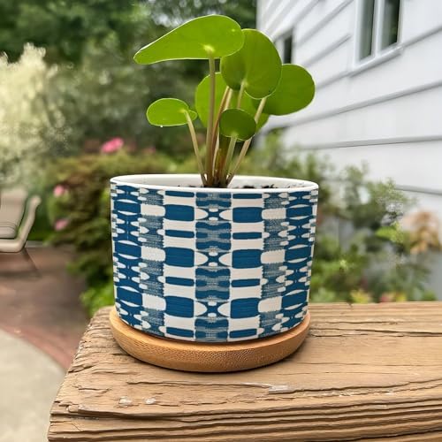 Blue and White Ceramic Planters with Drainage Holes and Saucers R150744