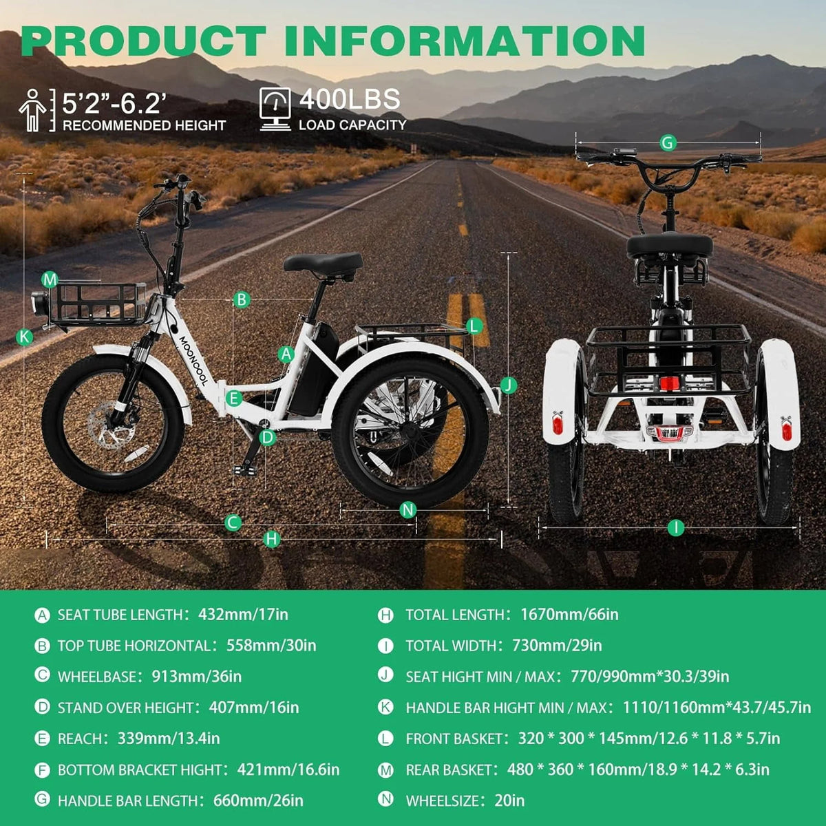Folding Electric Tricycle 1000W 48V 20 Fat Tire 3 Wheel N343157
