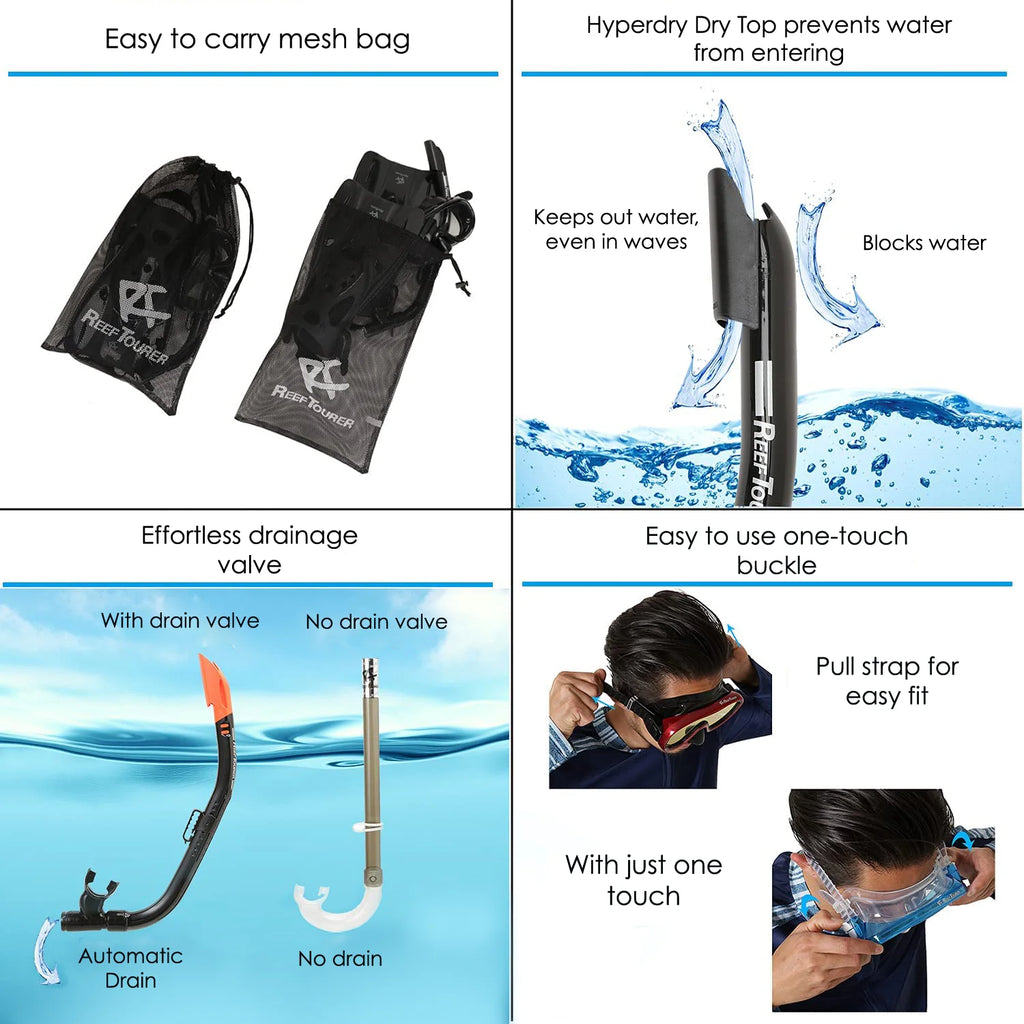 Snorkel and Fin Set with Travel Bag, Black, Medium A1078