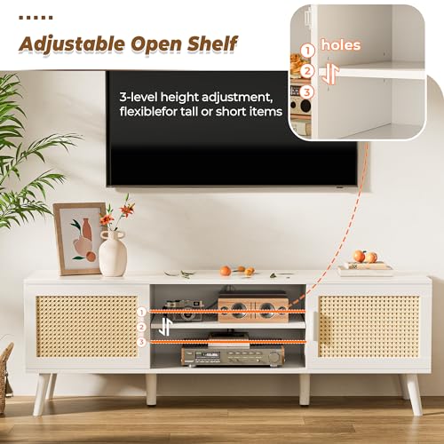 Boho TV Stand for 65 Inch TV with Adjustable Shelf and 2 Cabinets H904