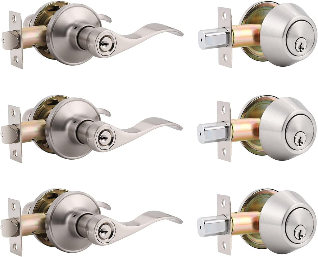 4 Pack Keyed Alike Front Door Entry Lever Lockset and Single Cylinder Deadbolt Combination Set, Satin Nickel G725419