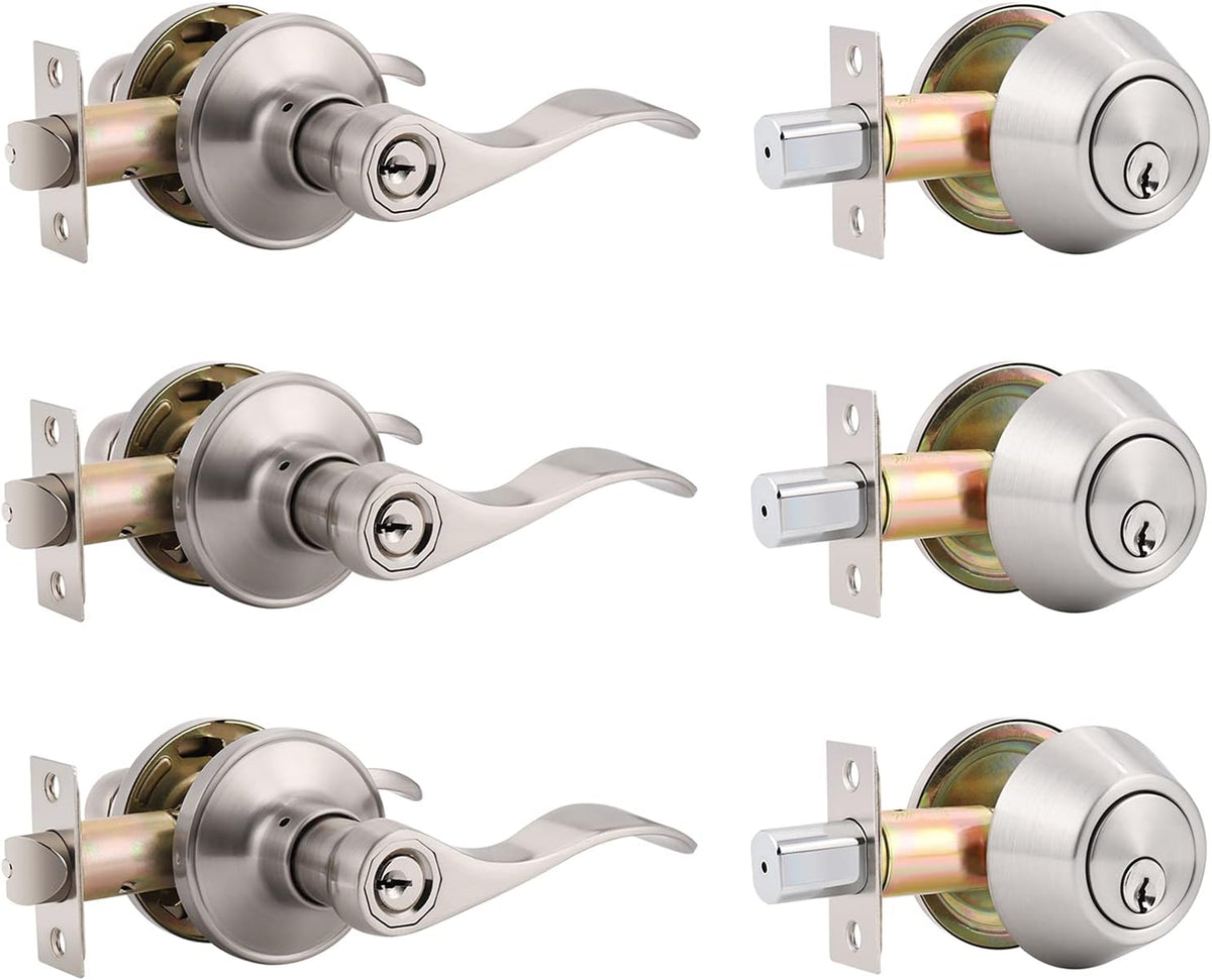 4 Pack Keyed Alike Front Door Entry Lever Lockset and Single Cylinder Deadbolt Combination Set, Satin Nickel G725419