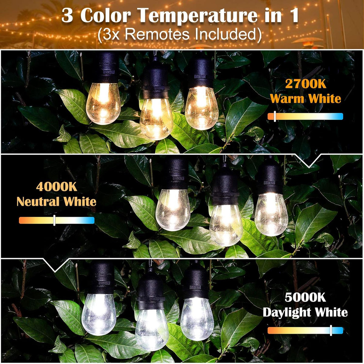 2 Pack 48FT 3-Color Solar String Lights with Remote, 30+5 Waterproof LED Bulbs D48532