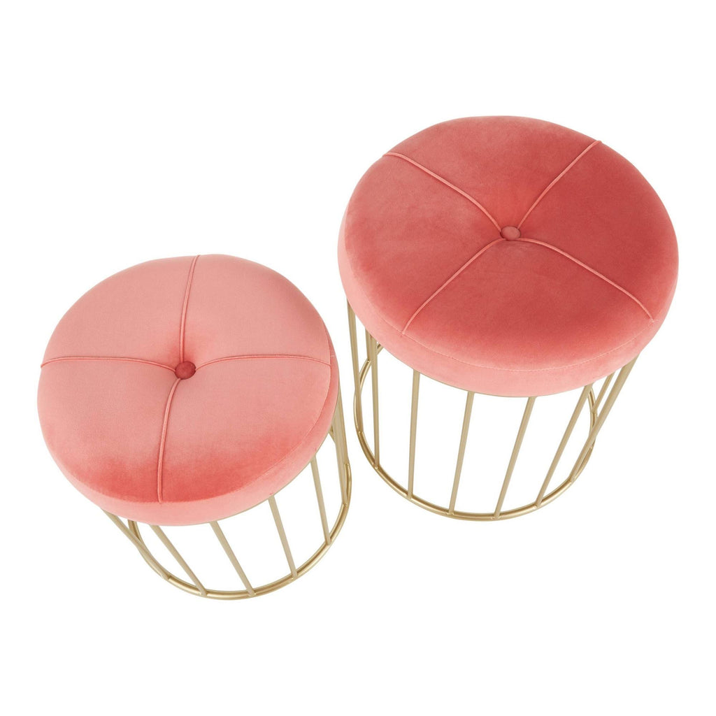 Gold Metal Pink Velvet Nesting Ottoman Set O49474