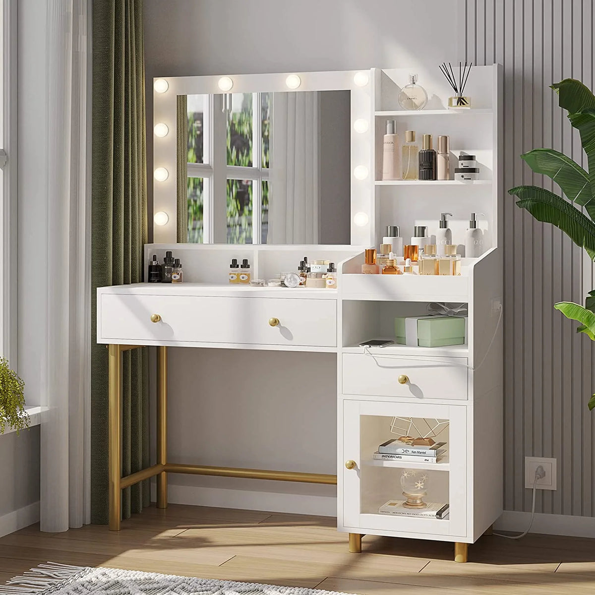 White Vanity Desk with Mirror and Lights E3705