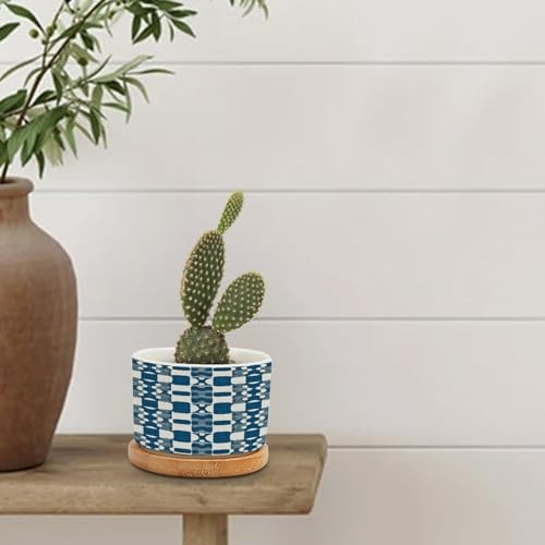 Blue and White Ceramic Planters with Drainage Holes and Saucers R150744