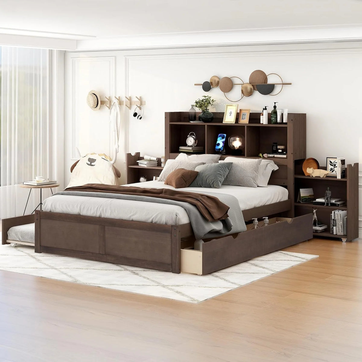 Full Size Wood Storage Bed with Bookcase Headboard and Trundle J492036