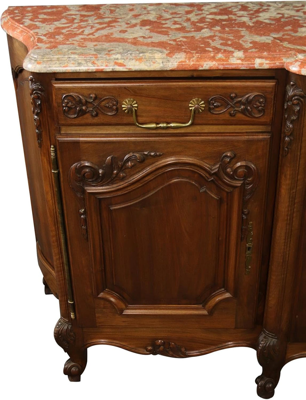 Red Pink Marble Top Carved Walnut Sideboard S593