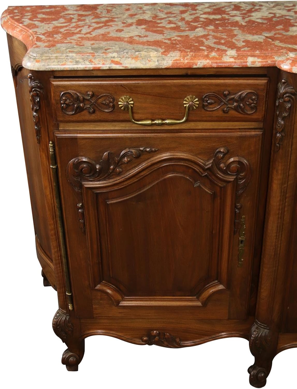 Red Pink Marble Top Carved Walnut Sideboard S593