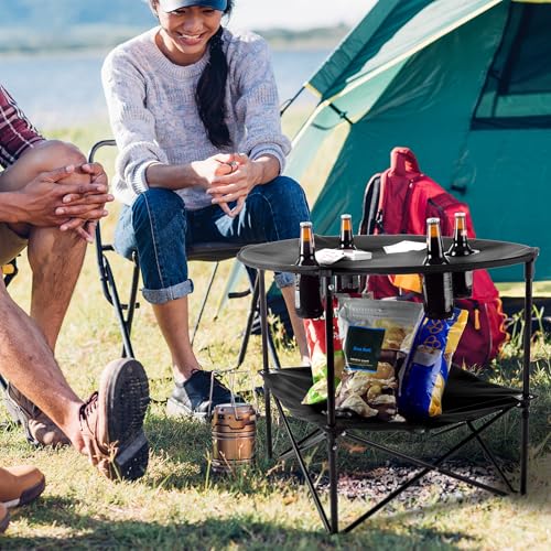 Round 2-Tier Folding Camp Table with 4 Cupholders and Carrying Bag M79204