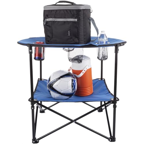 Round 2-Tier Folding Camp Table with 4 Cupholders and Carrying Bag M79204