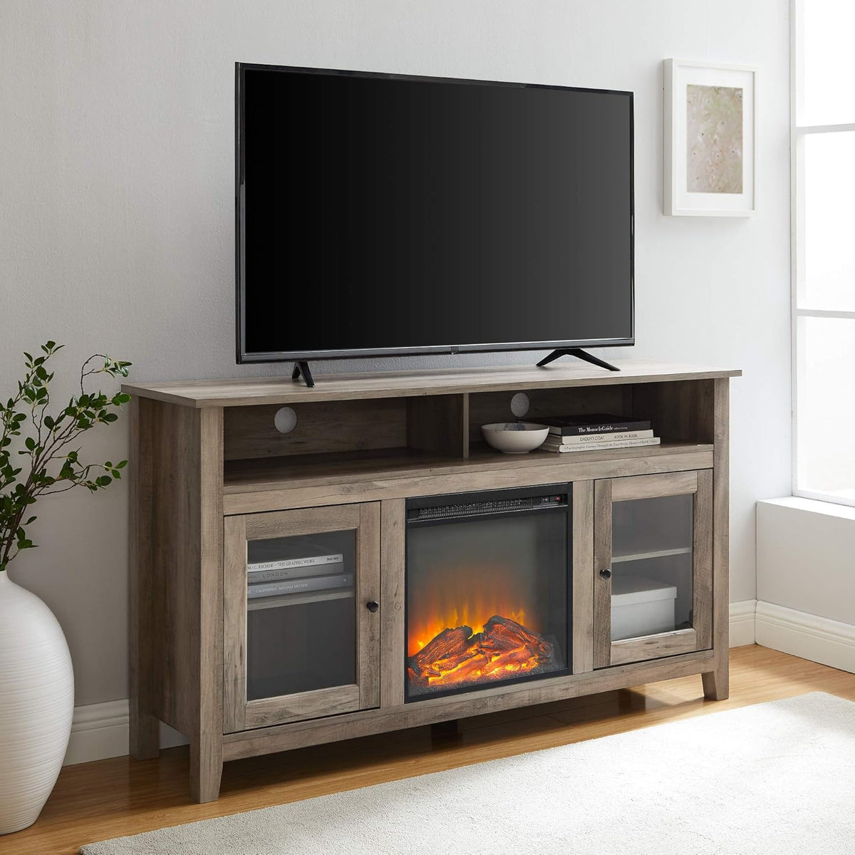 Black 58 Inch Wood and Glass Fireplace TV Stand O93260