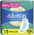 Ultra Thin Daytime Pads with Wings, Size 1, Regular, Unscented, 126 Count N88106