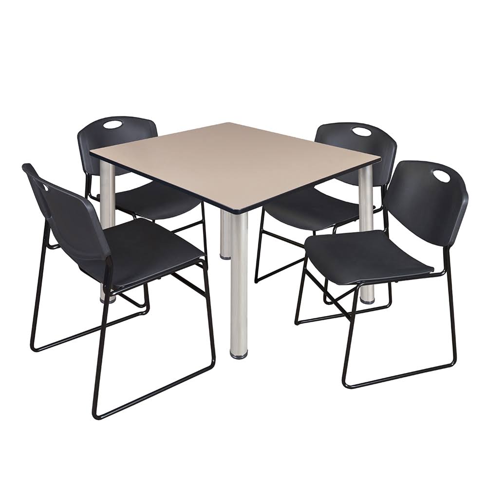 48x22 Square Breakroom Table Beige Chrome with 4 Black Stack Chairs T3632