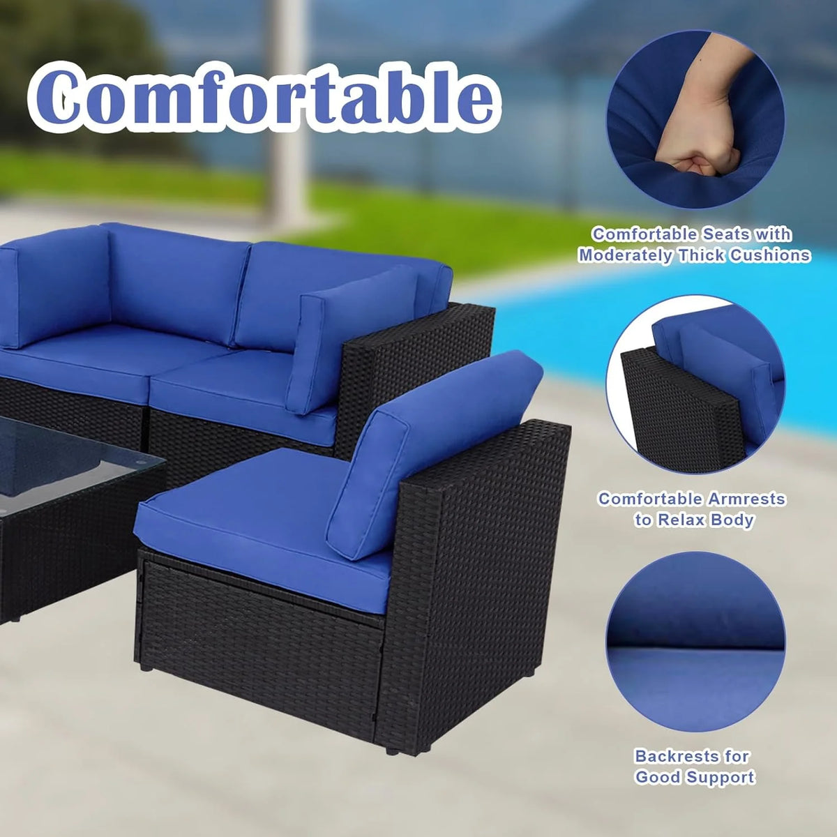 7 Pc Pe Rattan Wicker Sofa Sectional Set with Dark Blue Cushions E3646