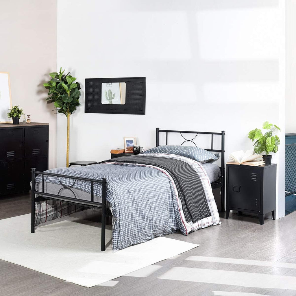 Black Metal Platform Bed Frame with Headboard and Footboard Twin Size C3805