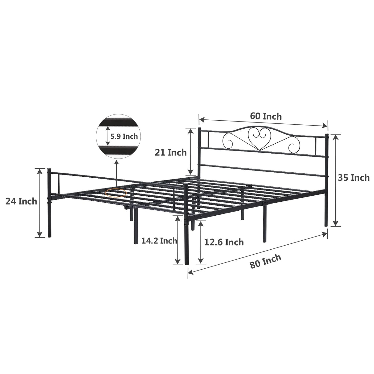 Queen Size Black Metal Platform Bed Frame with Headboard J277024