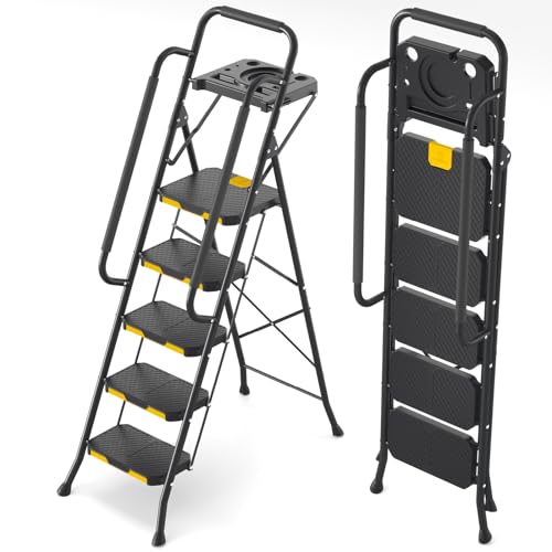 4 Step Steel Step Stool with Handrail Black L6940