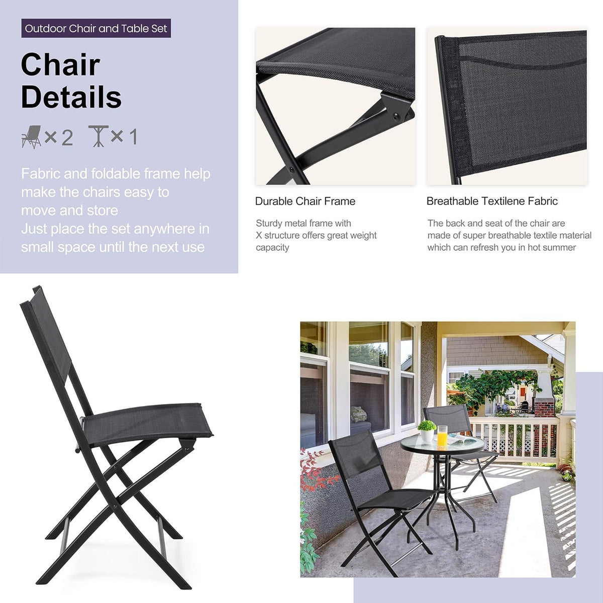 3 Piece Steel Textilene Folding Patio Bistro Set with Glass Table V850