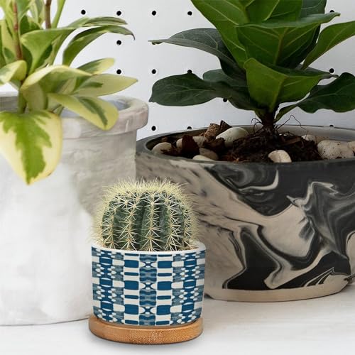Blue and White Ceramic Planters with Drainage Holes and Saucers R150744