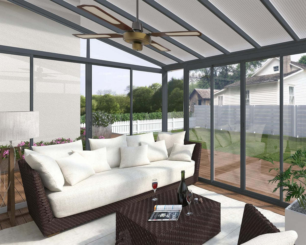 Gray 13x14 Enclosed Patio Cover with Screen Doors DIY Sunroom Kit Lean to Gazebo with Walls UV Protected Polycarbonate Shelter F13493