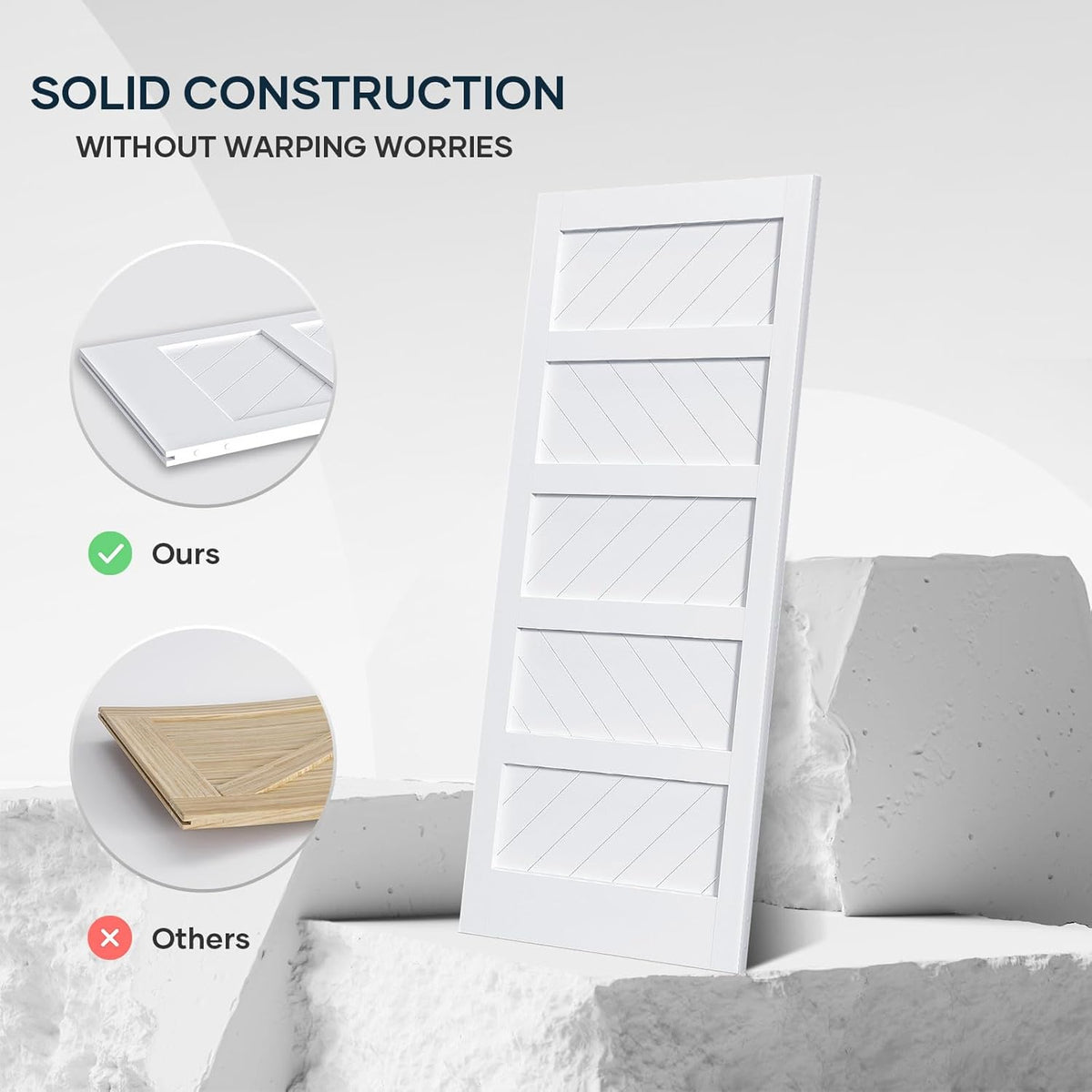 White Barn Door with Sliding Door Hardware Kit, Solid MDF Wood Slab with PVC Surface, 5-Panel G940384