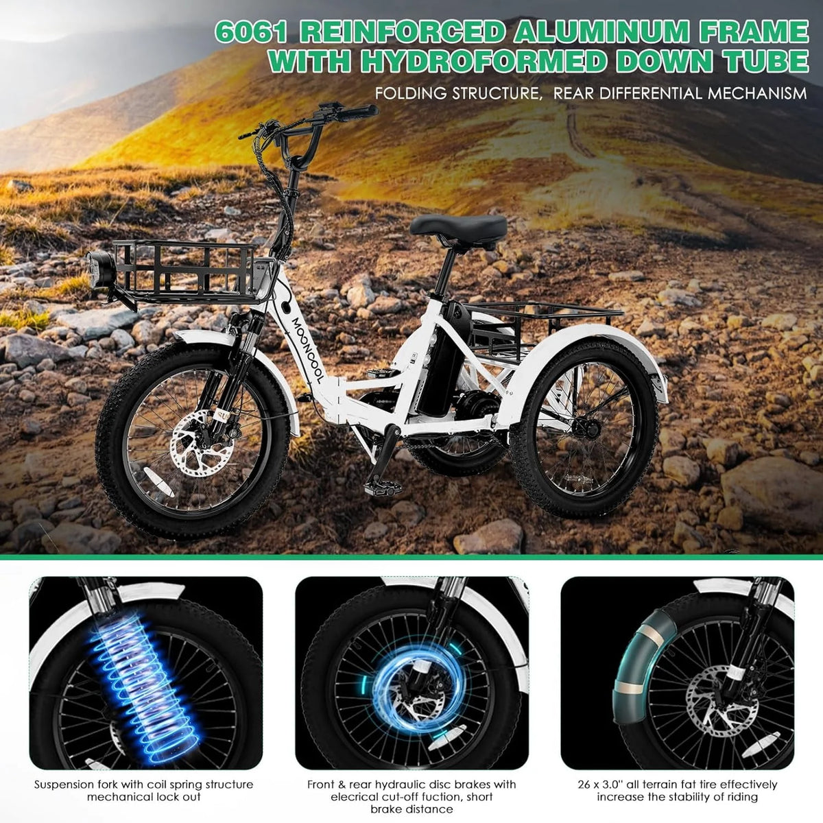 Folding Electric Tricycle 1000W 48V 20 Fat Tire 3 Wheel N343157