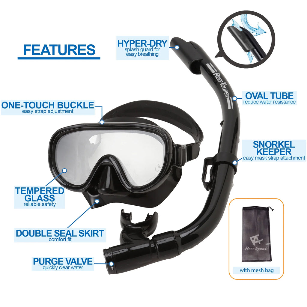 Snorkel and Fin Set with Travel Bag, Black, Medium A1078