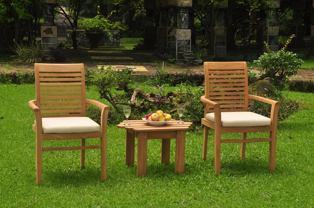 3 Pc Teak Dining Set with Side Table and 2 Stacking Arm Chairs W9128