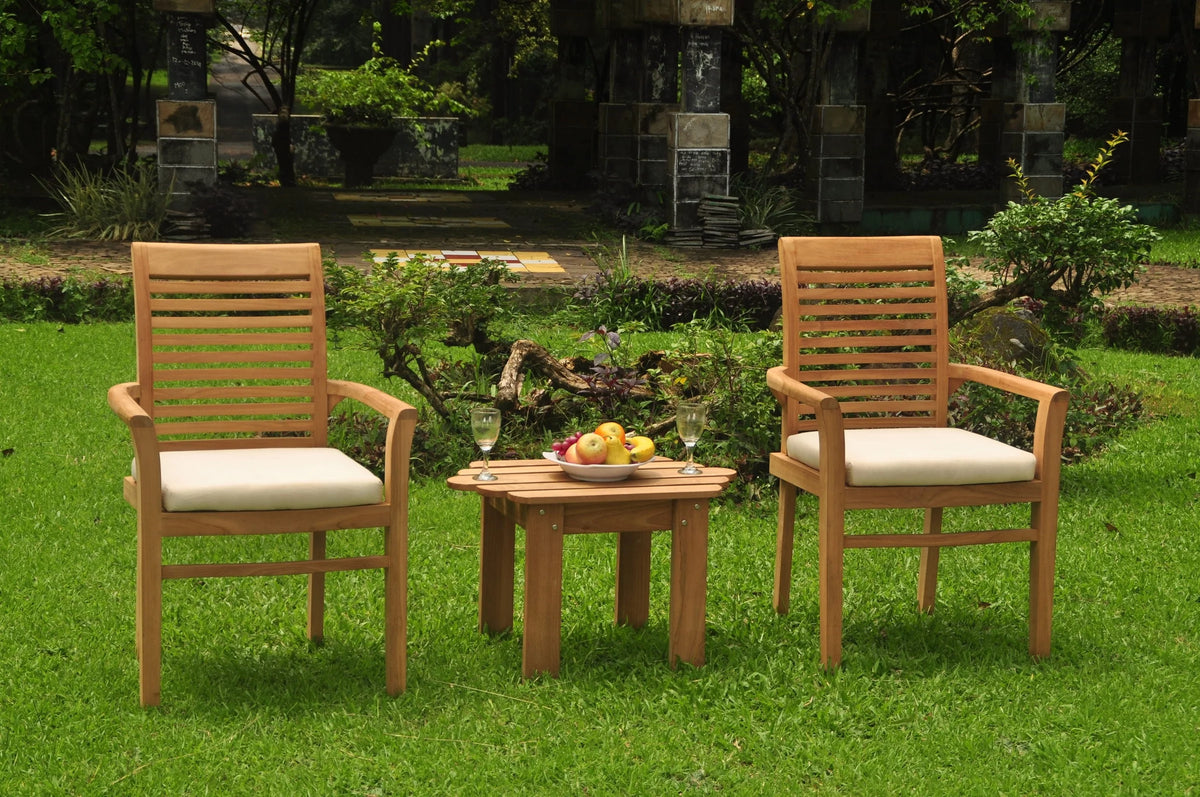 3 Pc Teak Dining Set with Side Table and 2 Stacking Arm Chairs W9128