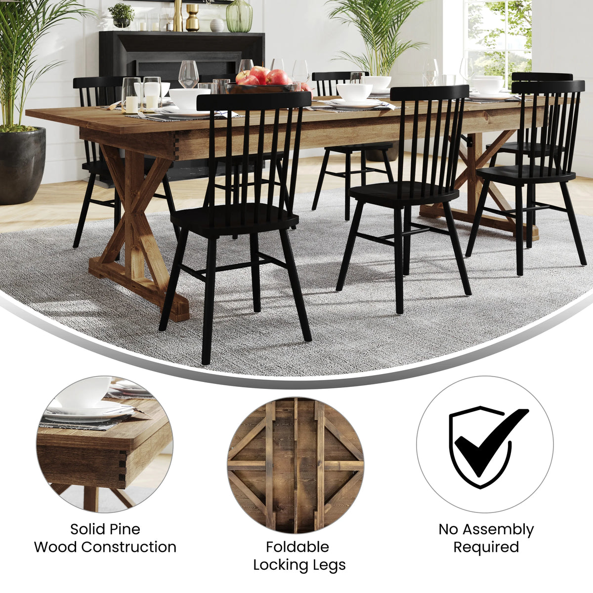 Rectangular Solid Pine Folding Farm Table with Crisscross Legs D28600