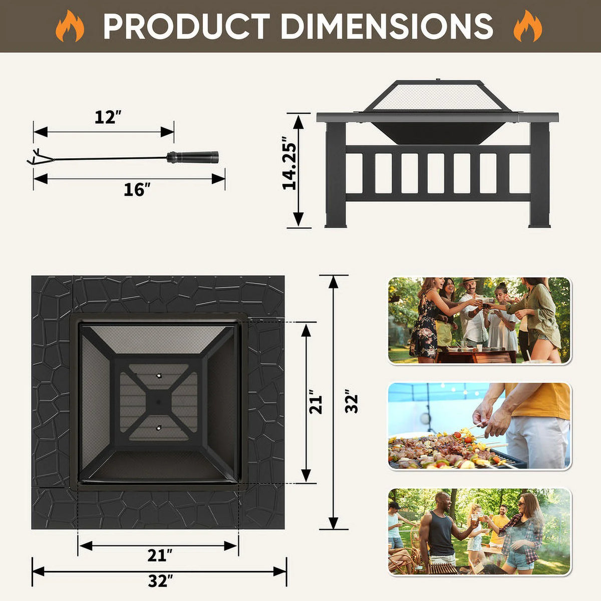 32 Multifunctional Square Metal Fire Pit Table Q602164
