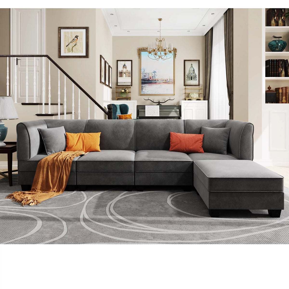 Velvet L-Shaped Sectional Sofa with Reversible Chaise C51680