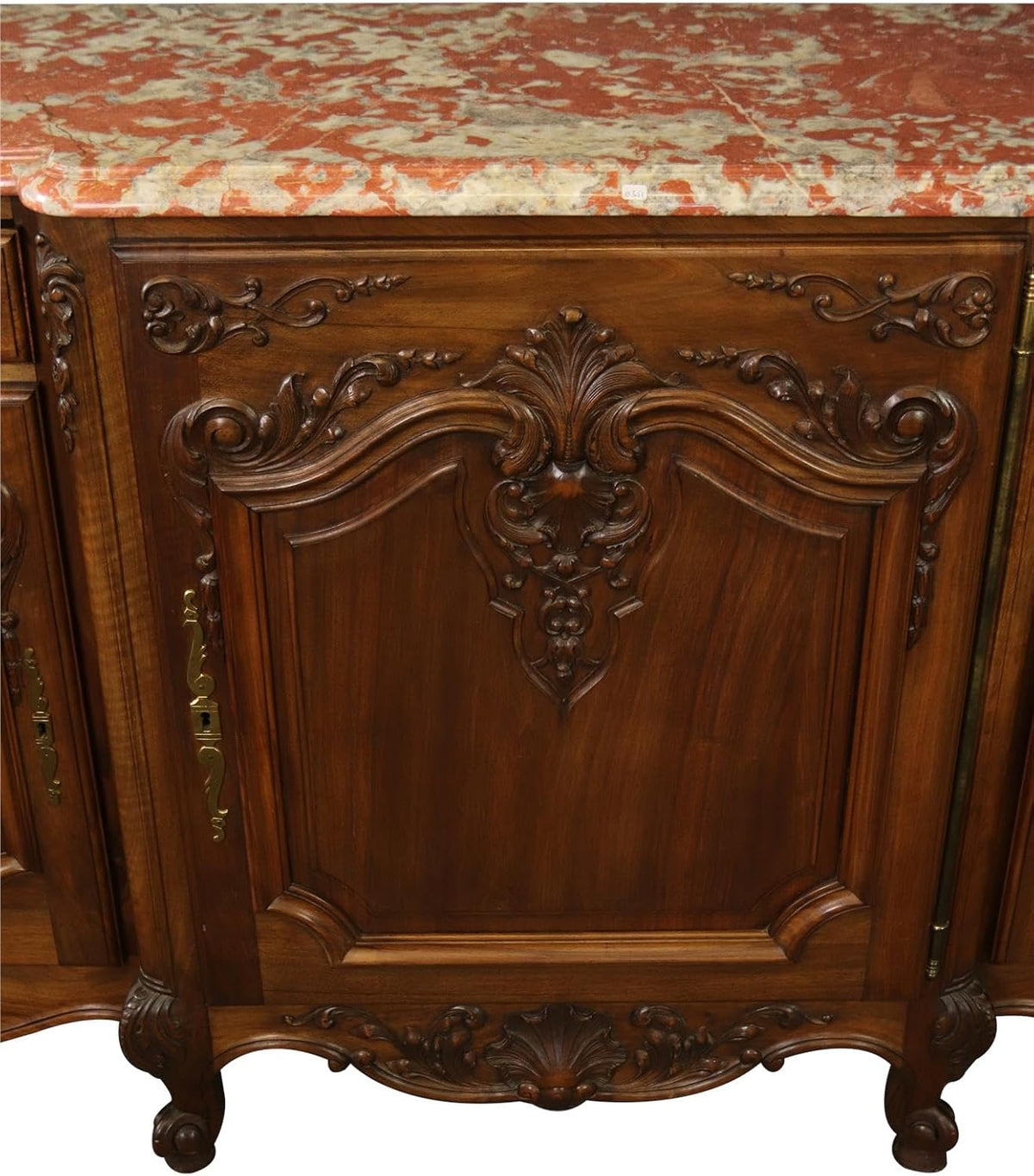 Red Pink Marble Top Carved Walnut Sideboard S593