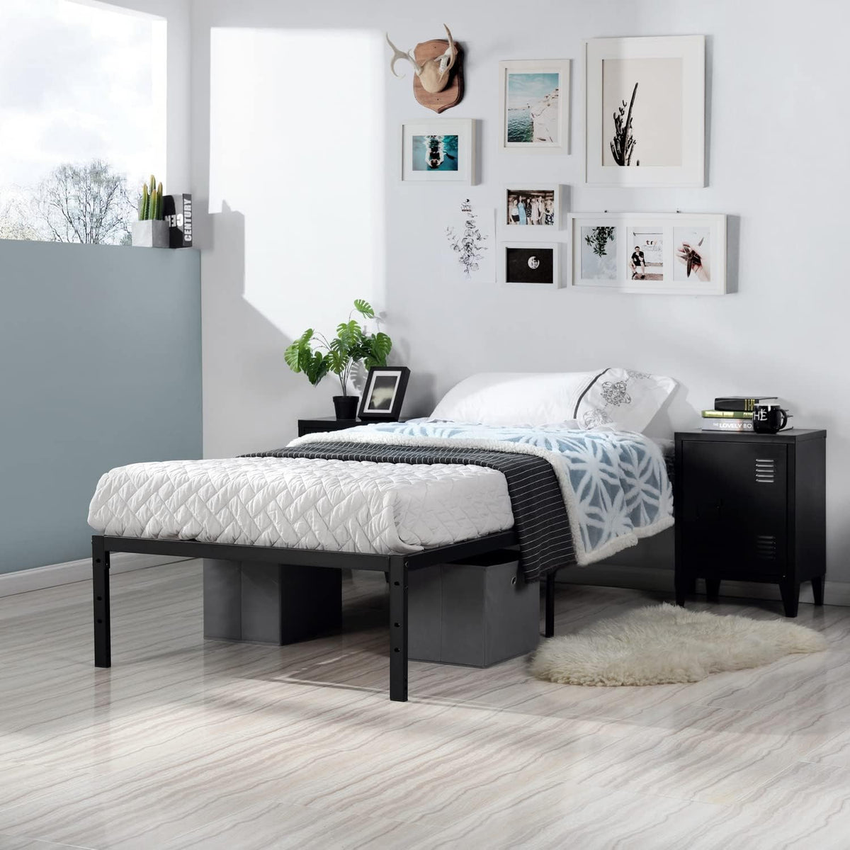 Black Metal Platform Bed Frame with Headboard and Footboard Twin Size C3805