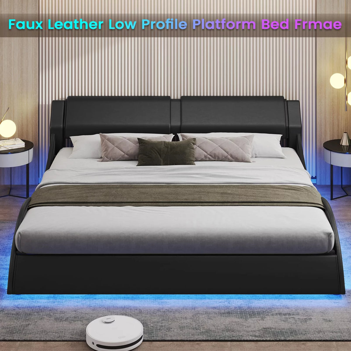 King Size Faux Leather Platform Bed Frame with Headboard and LED Lights G888893