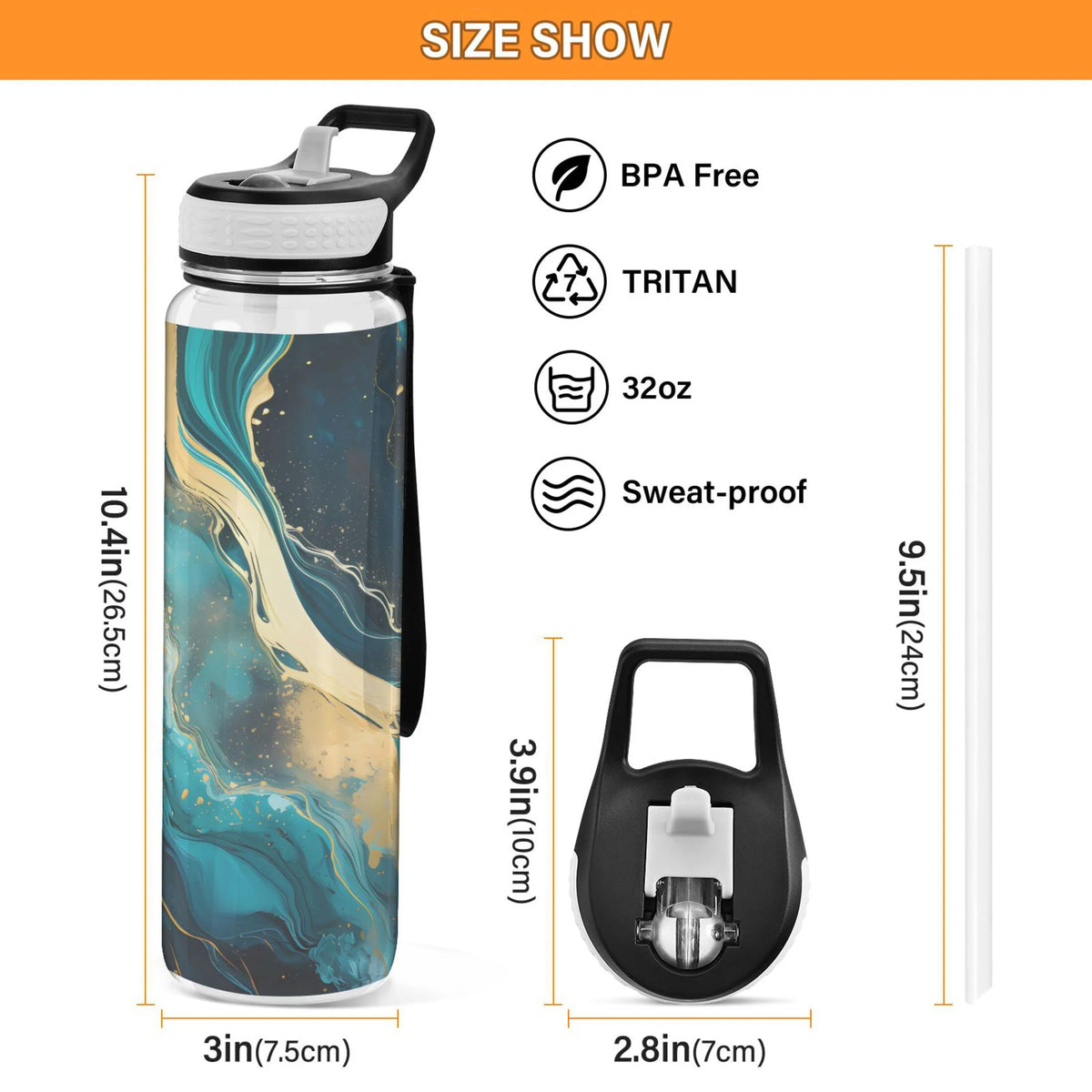 Green Marble and Golden 32oz Tritan Leakproof Sports Bottle with Straw T334105