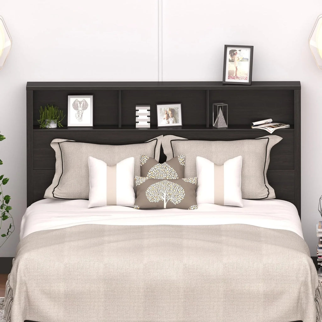 Double Queen Headboard with 3 Compartments Washed Black J586