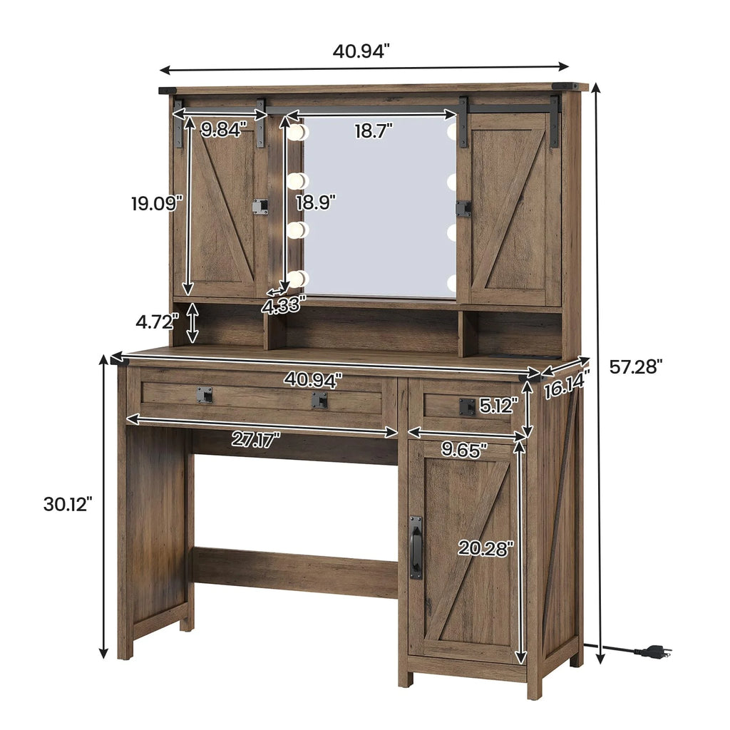 Brown Vanity Table with Charging Station and Lights Mirror V975