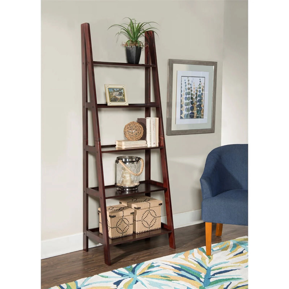 5-Shelf Wood Ladder Bookshelf in Espresso R4030